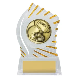 Clear acrylic American football trophy with gold helmet and ball insert and sunburst edge detail on base with engraving plate