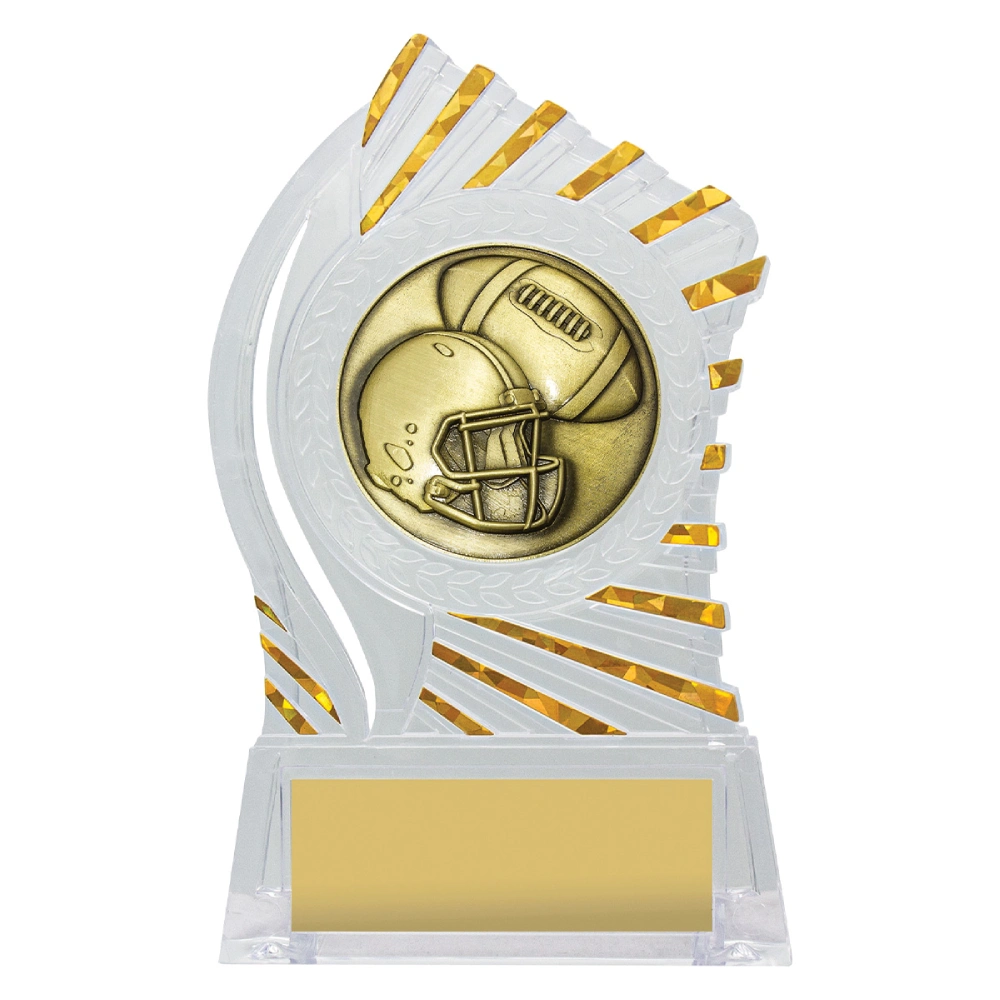 Clear acrylic American football trophy with gold helmet and ball insert and sunburst edge detail on base with engraving plate