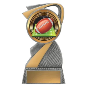 Small american football trophy with field and goal post insert on swirl design base with engraving plate