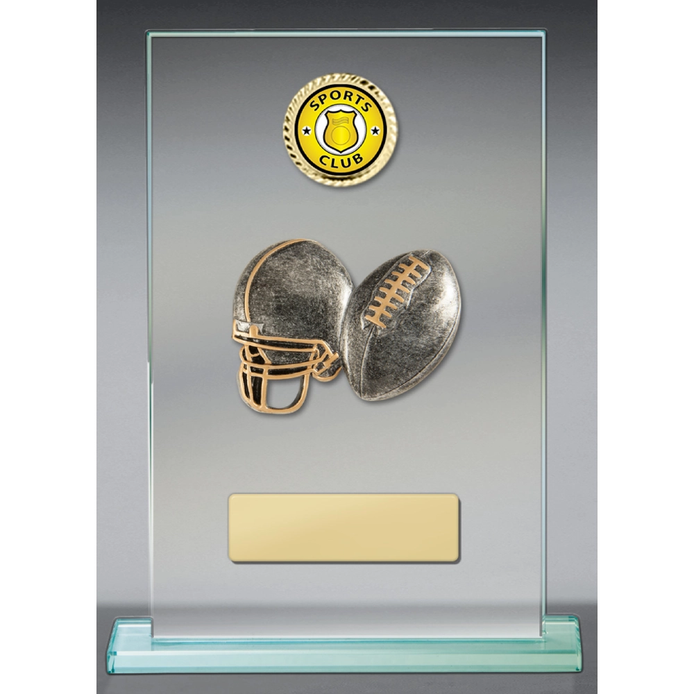 american-football-glass-award-helmet-ball-badge American football glass award with helmet and ball design and club badge on clear panel with engraving plate