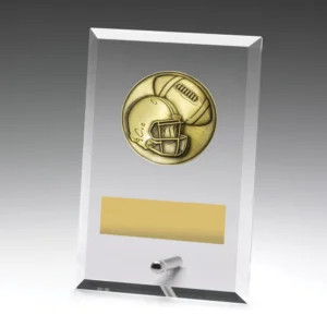 Small american football glass award plaque with helmet and ball emblem and engraving plate