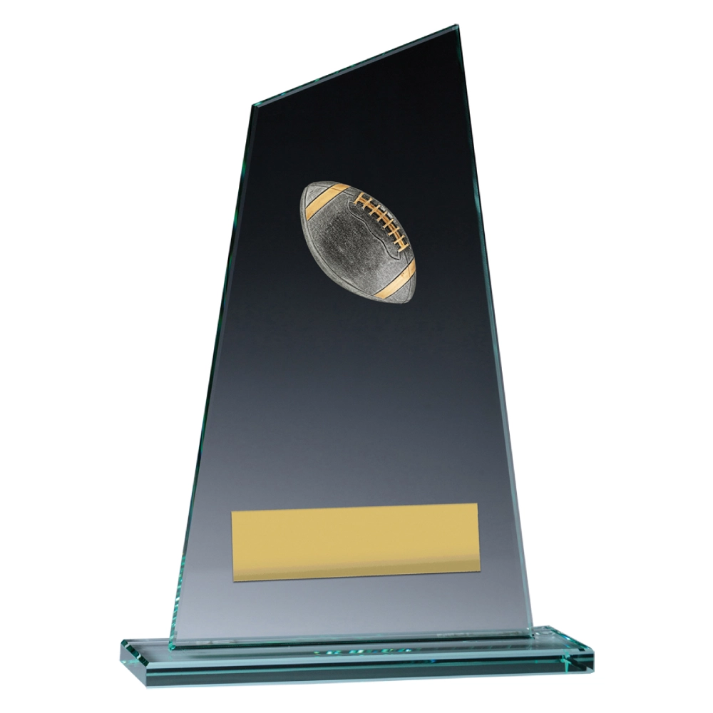 American football glass award with angled clear panel, football emblem, and engraving plate