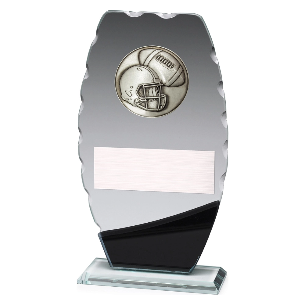 american-football-glass-plaque-helmet-ball-large Large american football glass plaque with helmet and ball insert on textured edge glass panel with engraving plate