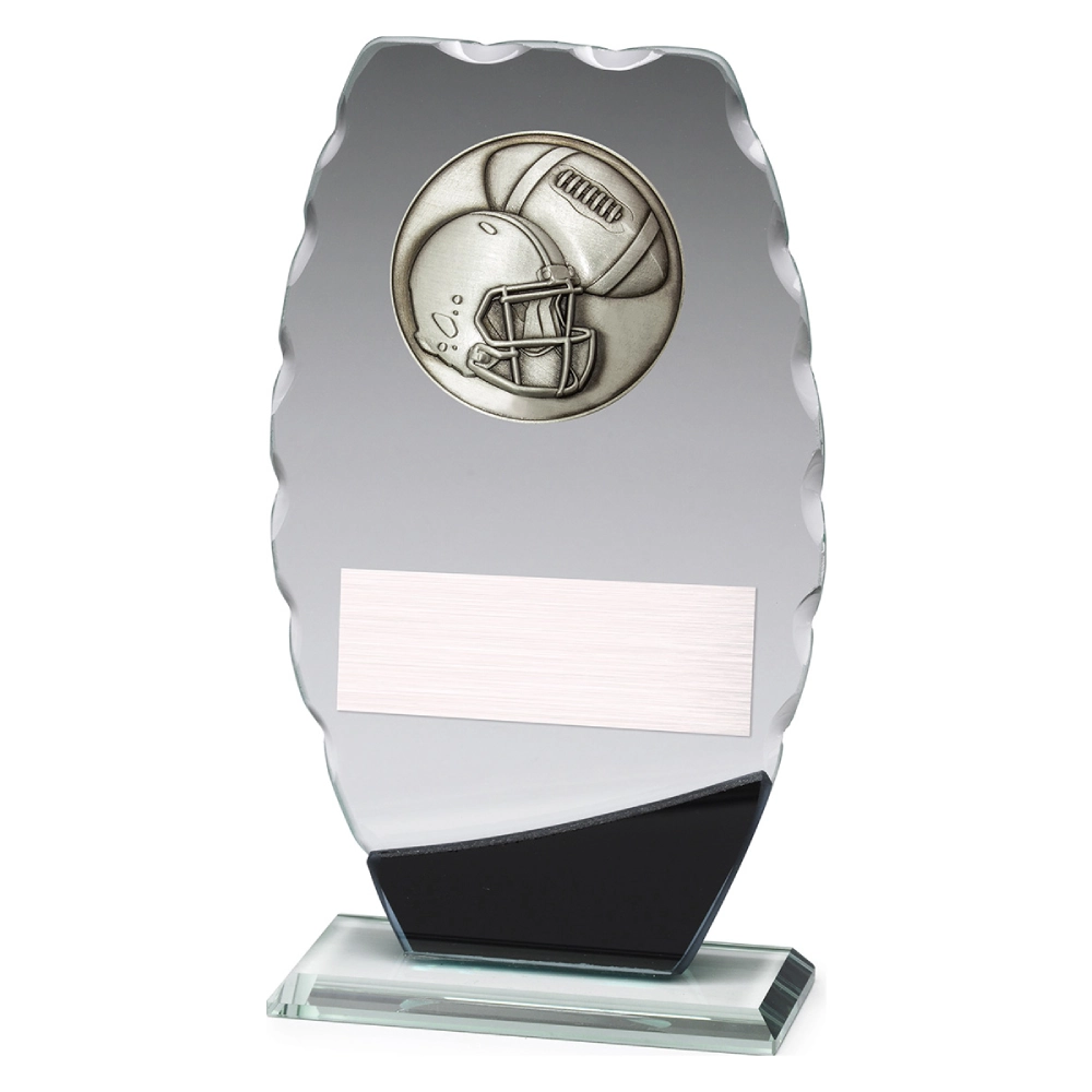 american-football-glass-plaque-helmet-ball-medium Medium american football glass plaque with helmet and ball insert on textured edge glass panel with engraving plate