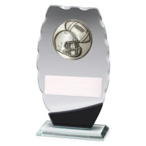 Small american football glass plaque with helmet and ball insert on textured edge glass panel with engraving plate