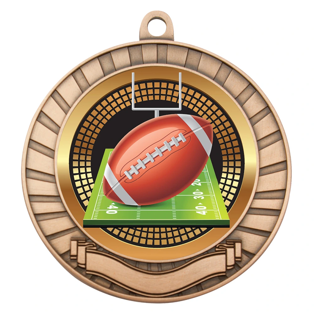 Bronze American football medal with goal posts and field insert, radial edge border and blank ribbon banner
