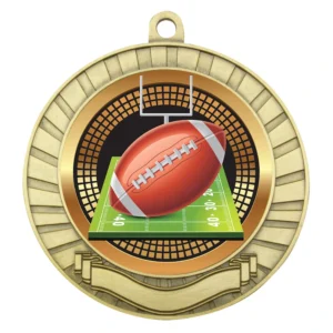 Gold American football medal with goal posts and field insert, radial edge border and blank ribbon banner