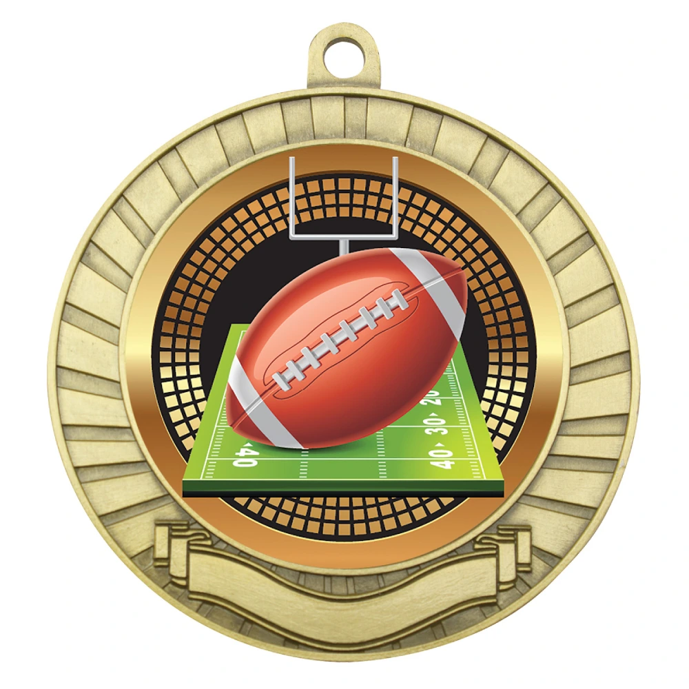Gold American football medal with goal posts and field insert, radial edge border and blank ribbon banner
