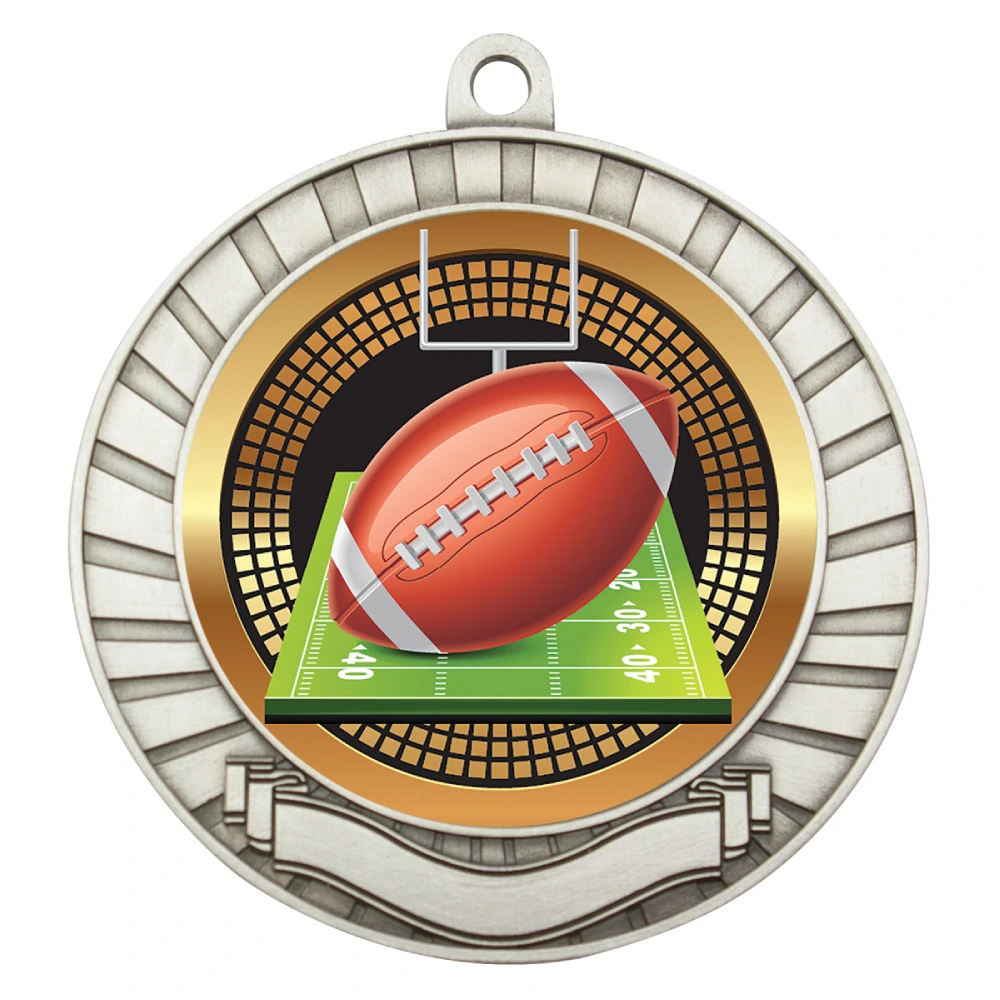 Silver American football medal with goal posts and field insert, radial edge border and blank ribbon banner