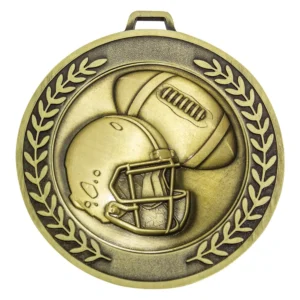 Gold american football medal with helmet and ball design surrounded by laurel border