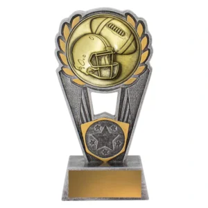 Small american football trophy with helmet and ball insert framed by laurel design on base with engraving plate