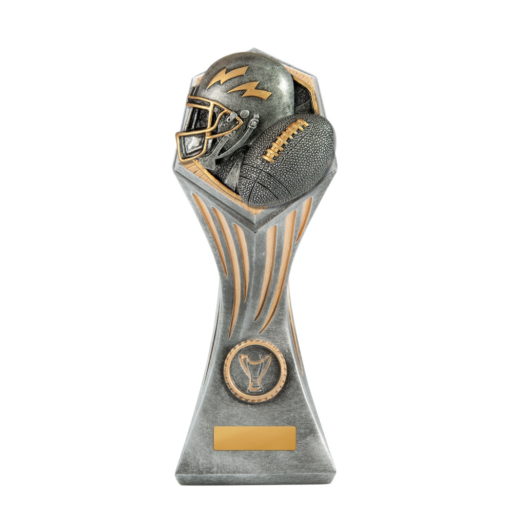extra Large American football resin trophy with detailed helmet and ball design in silver and gold on a base with engraving platearge American football resin trophy with detailed helmet and ball design in silver and gold on a base with engraving plate