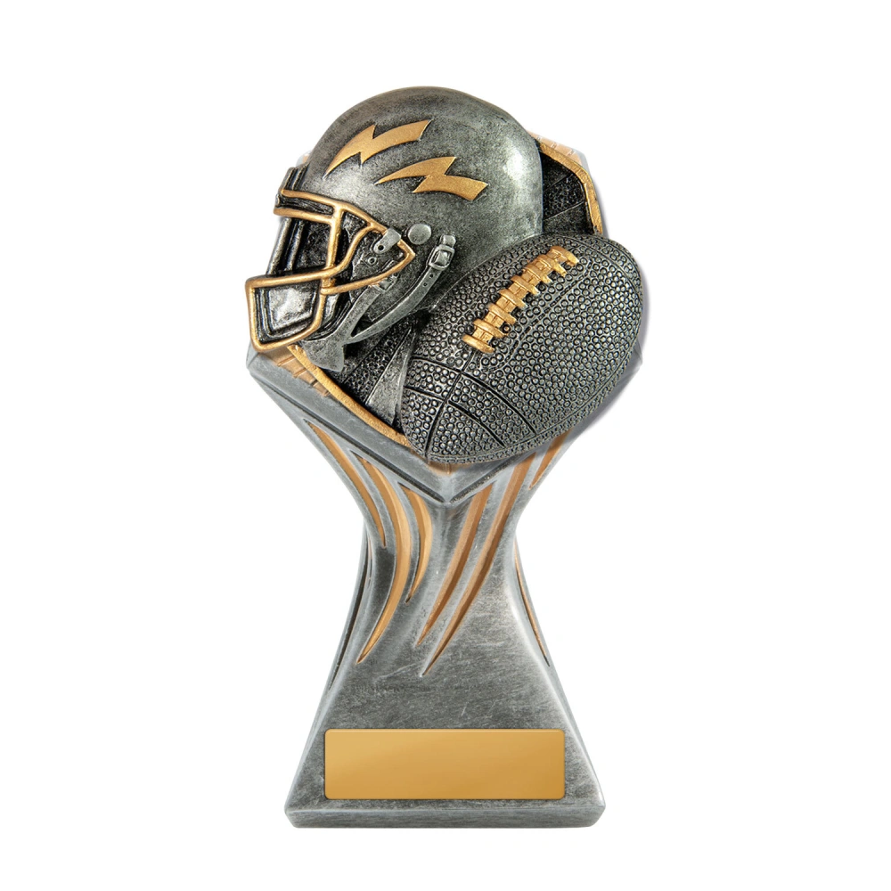 extra small American football resin trophy with detailed helmet and ball design in silver and gold on a base with engraving plate