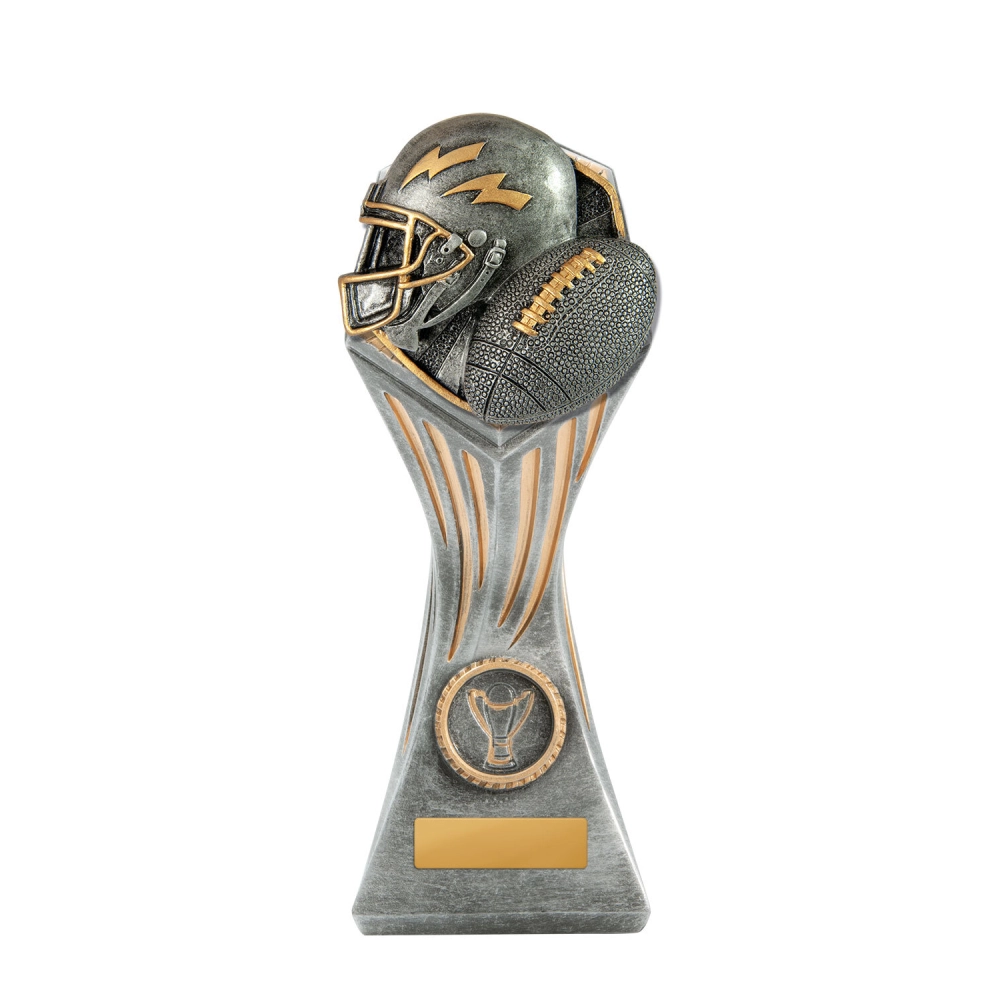 Large American football resin trophy with detailed helmet and ball design in silver and gold on a base with engraving plate