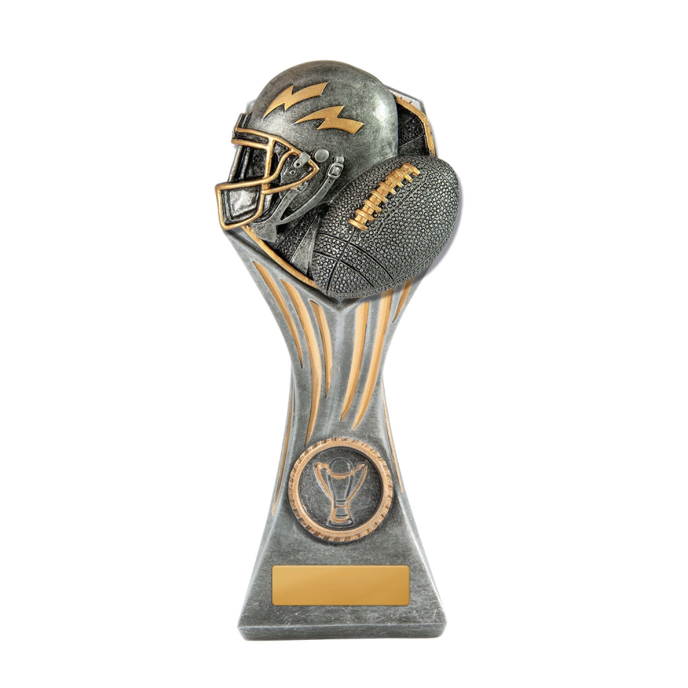 Medium American football resin trophy with detailed helmet and ball design in silver and gold on a base with engraving plate