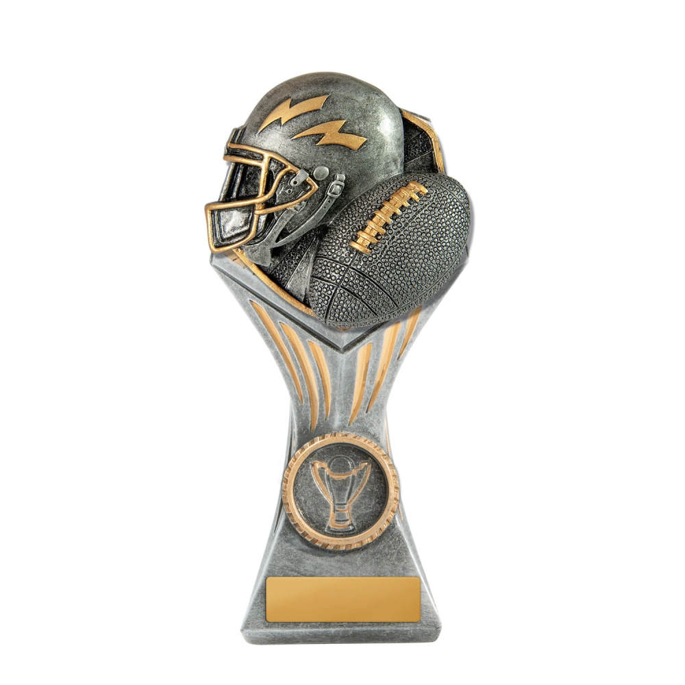 Small American football resin trophy with detailed helmet and ball design in silver and gold on a base with engraving plate