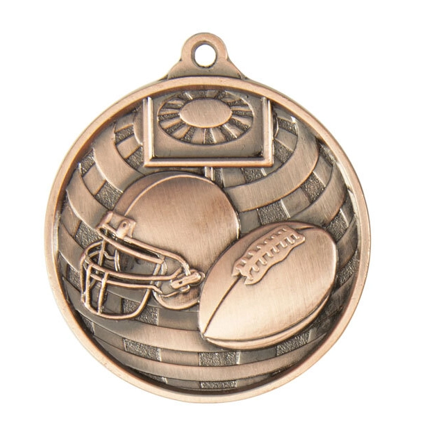 american-football-helmet-ball-stadium-medal-bronze Bronze american football medal with helmet and ball design on stadium background with top ribbon loop
