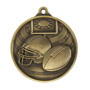 Gold american football medal with helmet and ball design on stadium background with top ribbon loop