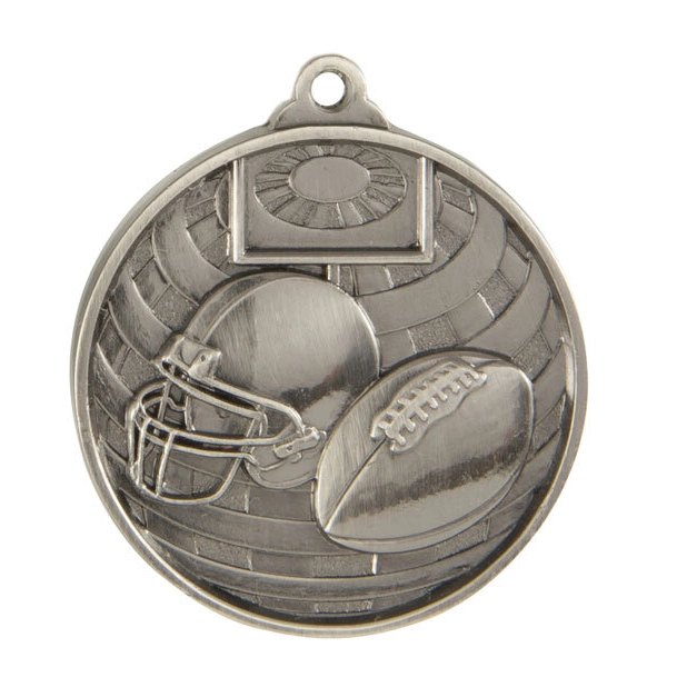 american-football-helmet-ball-stadium-medal-silver Silver american football medal with helmet and ball design on stadium background with top ribbon loop
