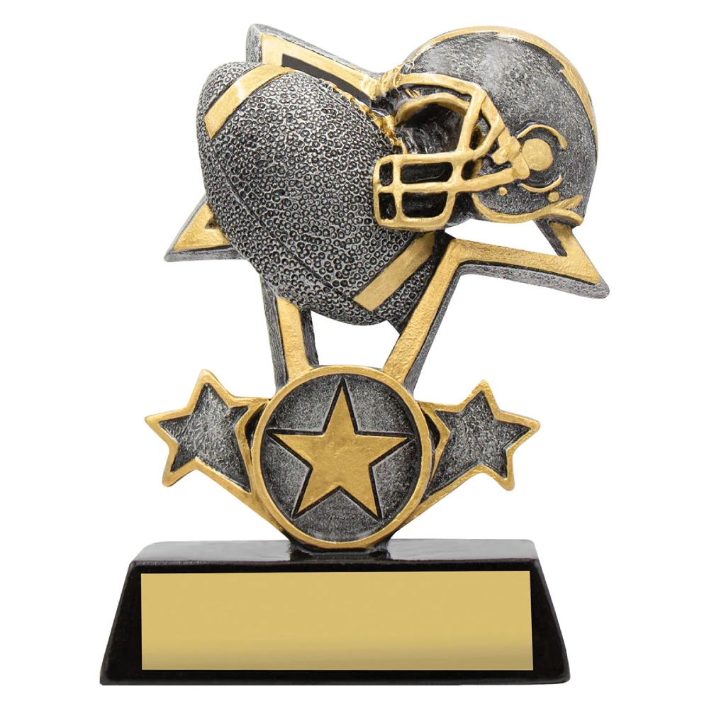 Large american football trophy with helmet and ball design on star base with engraving plate