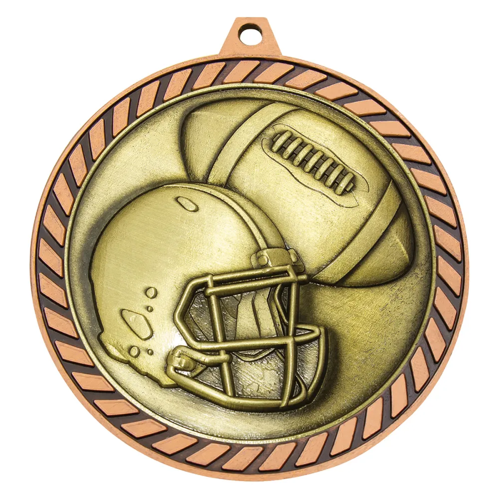 Bronze american football medal with helmet and ball design and striped border edge