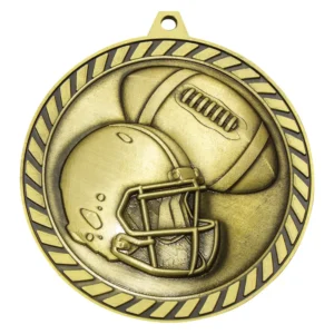 Gold american football medal with helmet and ball design and striped border edge