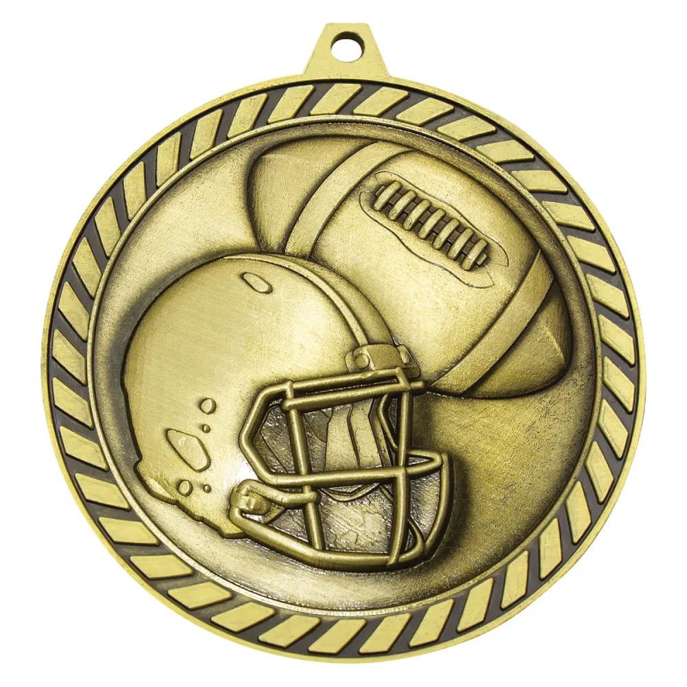 Gold american football medal with helmet and ball design and striped border edge