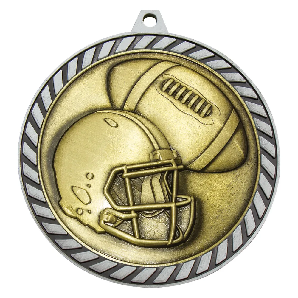Silver american football medal with helmet and ball design and striped border edge