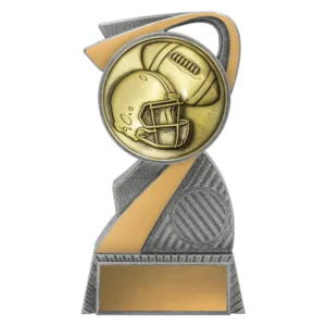 Small american football trophy with helmet and ball insert on modern swirl design base with engraving plate