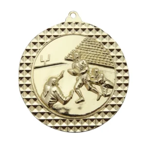 Gold american football medal with running player scene and diamond pattern border