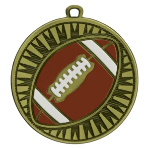 Gold American football medal with red football design and triangle ray border in antique finish