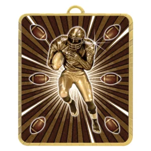 American football medal insert with running player, ball graphics, and radial background design