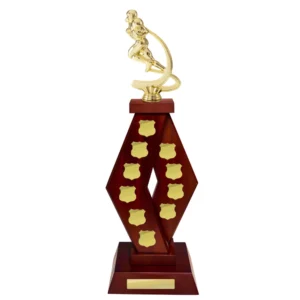 American football perpetual trophy with gold player figure on curved support and wooden shield base with multiple engraving plates