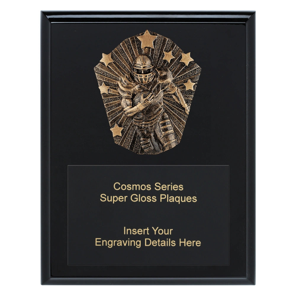 American football plaque with black gloss finish, raised player design, and engraving plate area