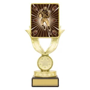 Small american football trophy with running player on sunburst panel and tall column base with engraving plate