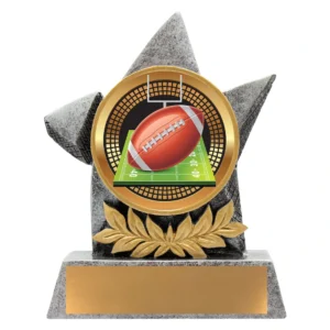 American football resin trophy with star design and football field graphic on grey base with gold engraving plate