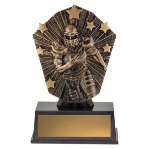 American football resin trophy with running player, starburst shield design and antique gold finish on black base with engraving plate