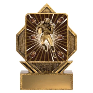 American football resin trophy with running player and ball, sunburst background and football icons on gold base with engraving plate