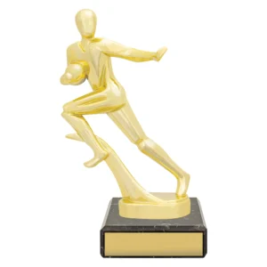 Transparent gold American football running player trophy holding ball on black marble base with engraving plate