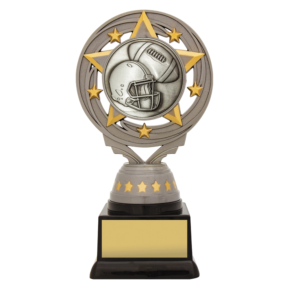 Medium american football trophy with helmet and ball on star ring design base with engraving plate