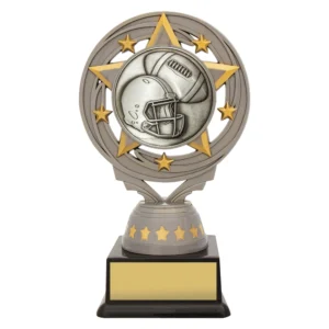 Small american football trophy with helmet and ball on star ring design base with engraving plate