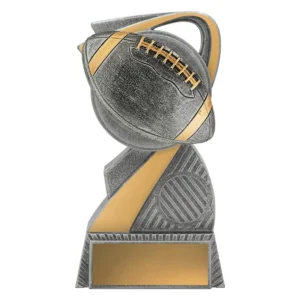 Small American football trophy with ball design, modern swirl detail, and engraving plate on base