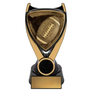 Small American football trophy with black and gold abstract frame, textured ball design, and engraving plate on base
