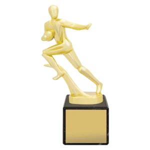 Small american football trophy with gold player figure holding ball on base with engraving plate