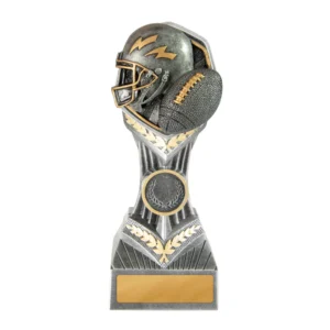Medium american football trophy with helmet and ball above laurel wreath detail and engraving plate
