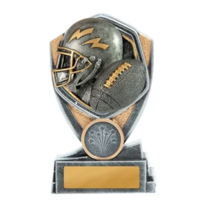 Small american football trophy with helmet and ball on shield design with engraving plate