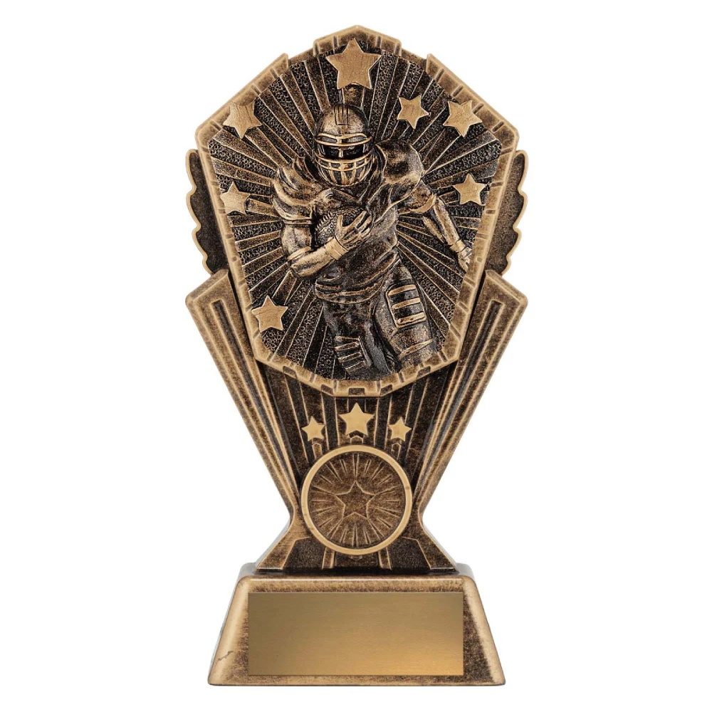 Medium American football trophy with running player, starburst background, and engraving plate on base
