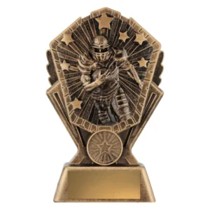 Small American football trophy with running player, starburst background, and engraving plate on base