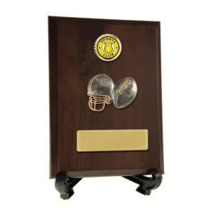 Wooden American football award plaque with helmet and ball design, sports club insert and engraving plate