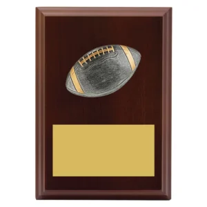Small american football wooden plaque with raised ball design on timber board with engraving plate